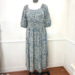 Wayward Fancies eShakti 3X 24W Dress Floral Teal Cream Smocked Peasant Cottage